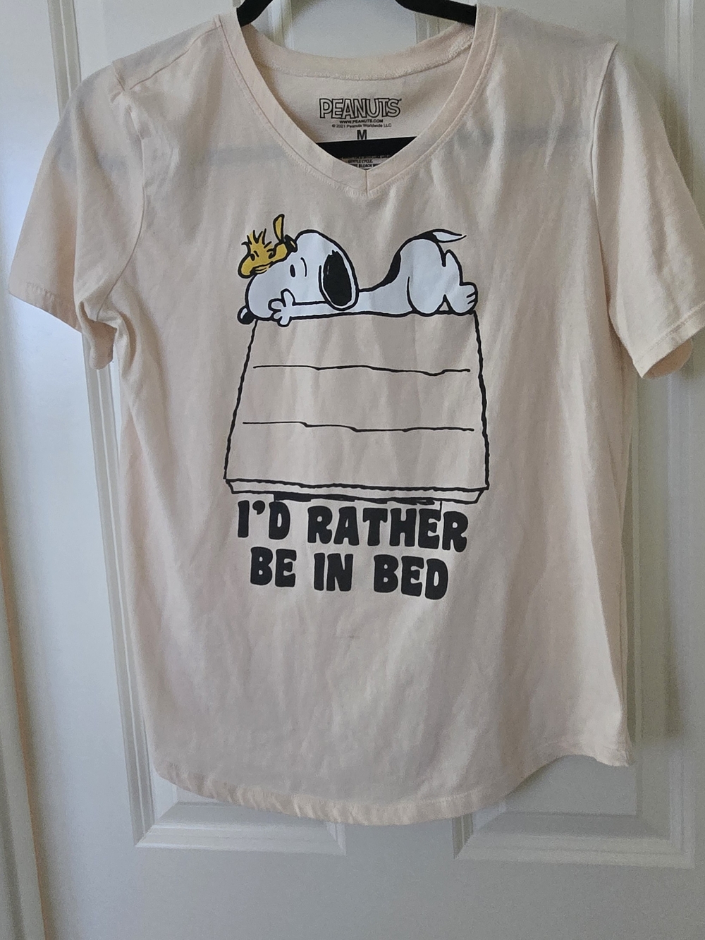 Peanuts Light Pink V-Neck Tee with Snoopy and Woodstock Graphic
